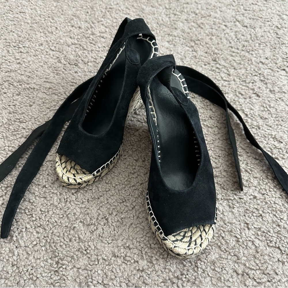 Joie Kael Black Suede Peep Toe Espadrille Wedge Heel Sandal Womens Size 35.5